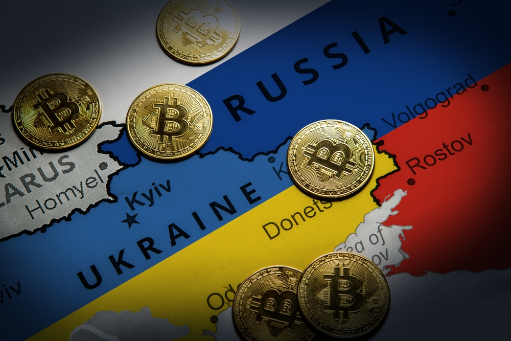 Cryptocurrency,Standing,On,The,Map,Of,Russia,And,Ukraine.,Concept