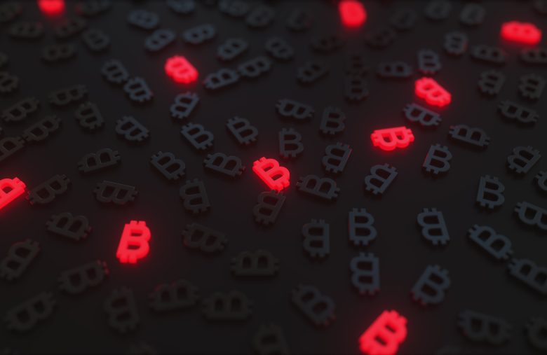 Glowing,Red,Bitcoin,Btc,Signs,Among,Black,Symbols.,Conceptual,3d