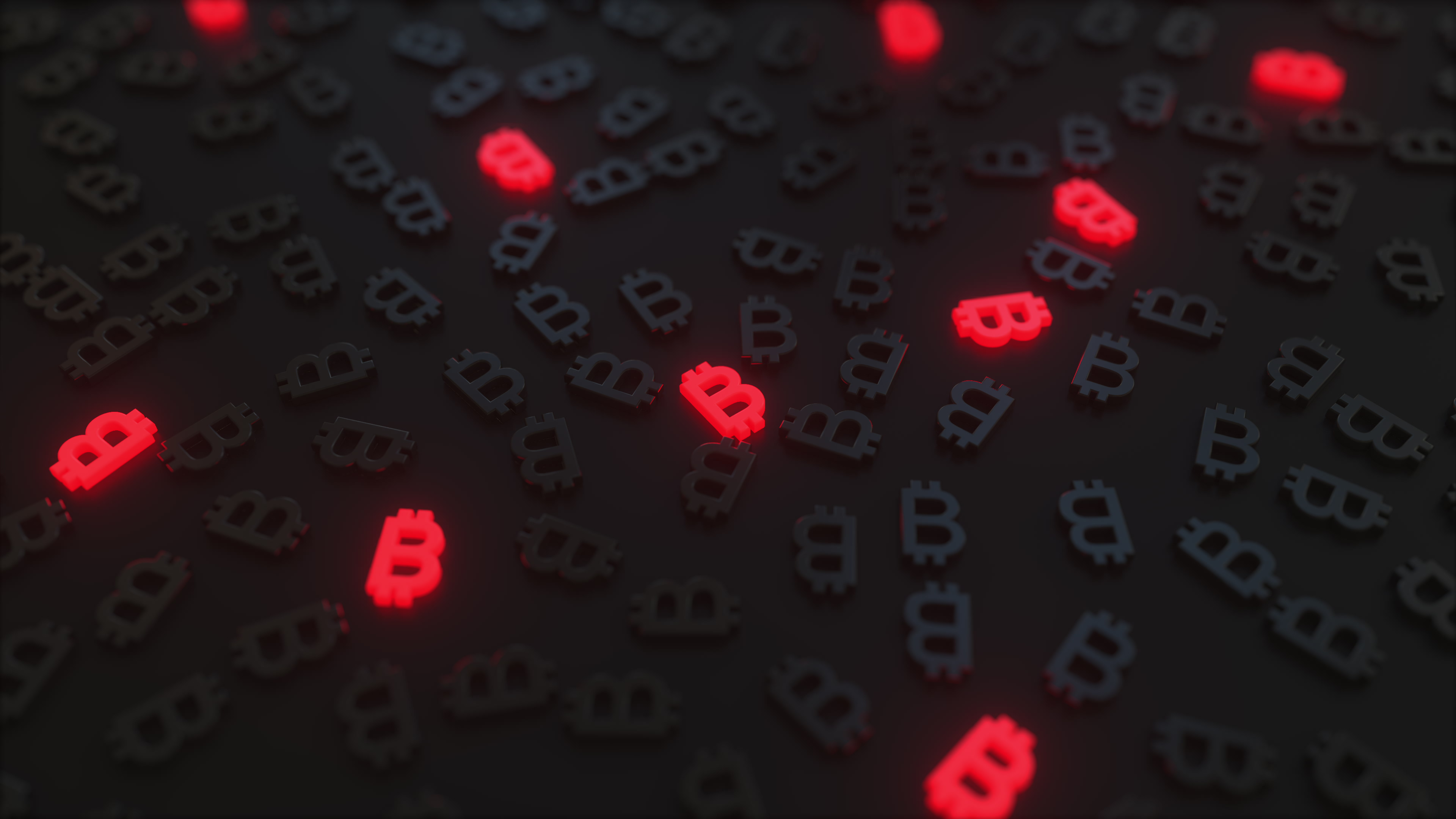Glowing,Red,Bitcoin,Btc,Signs,Among,Black,Symbols.,Conceptual,3d