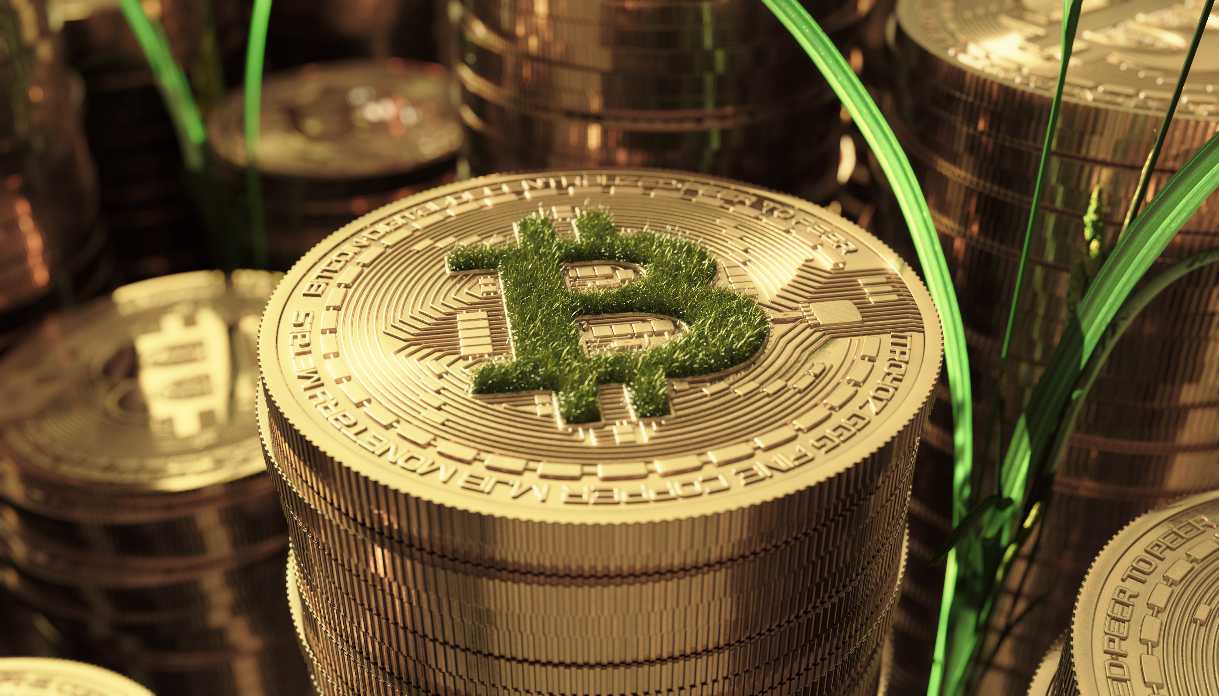 3d,Rendering,Illustration,Of,Bitcoin,And,Grass,Growing,Around,It.