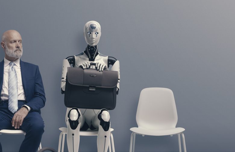 Man and AI robot waiting for a job interview