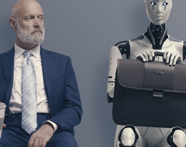 Man and AI robot waiting for a job interview