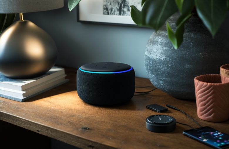Echo from Amazon Alexa on the table. Alexa is a virtual personal