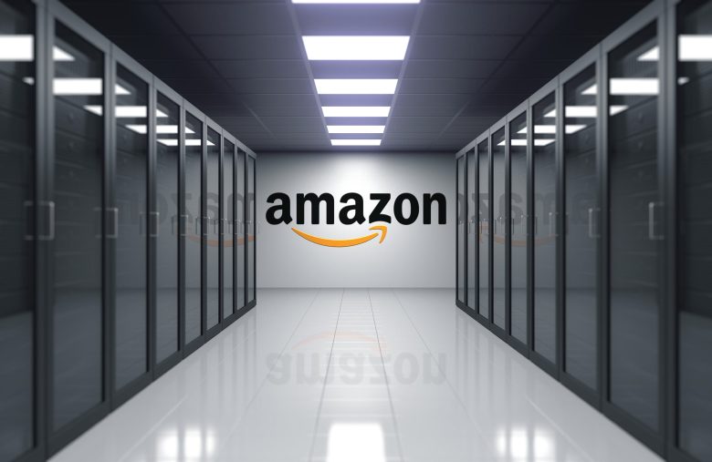 Amazon.com logo on the wall of the server room. Editorial 3D rendering