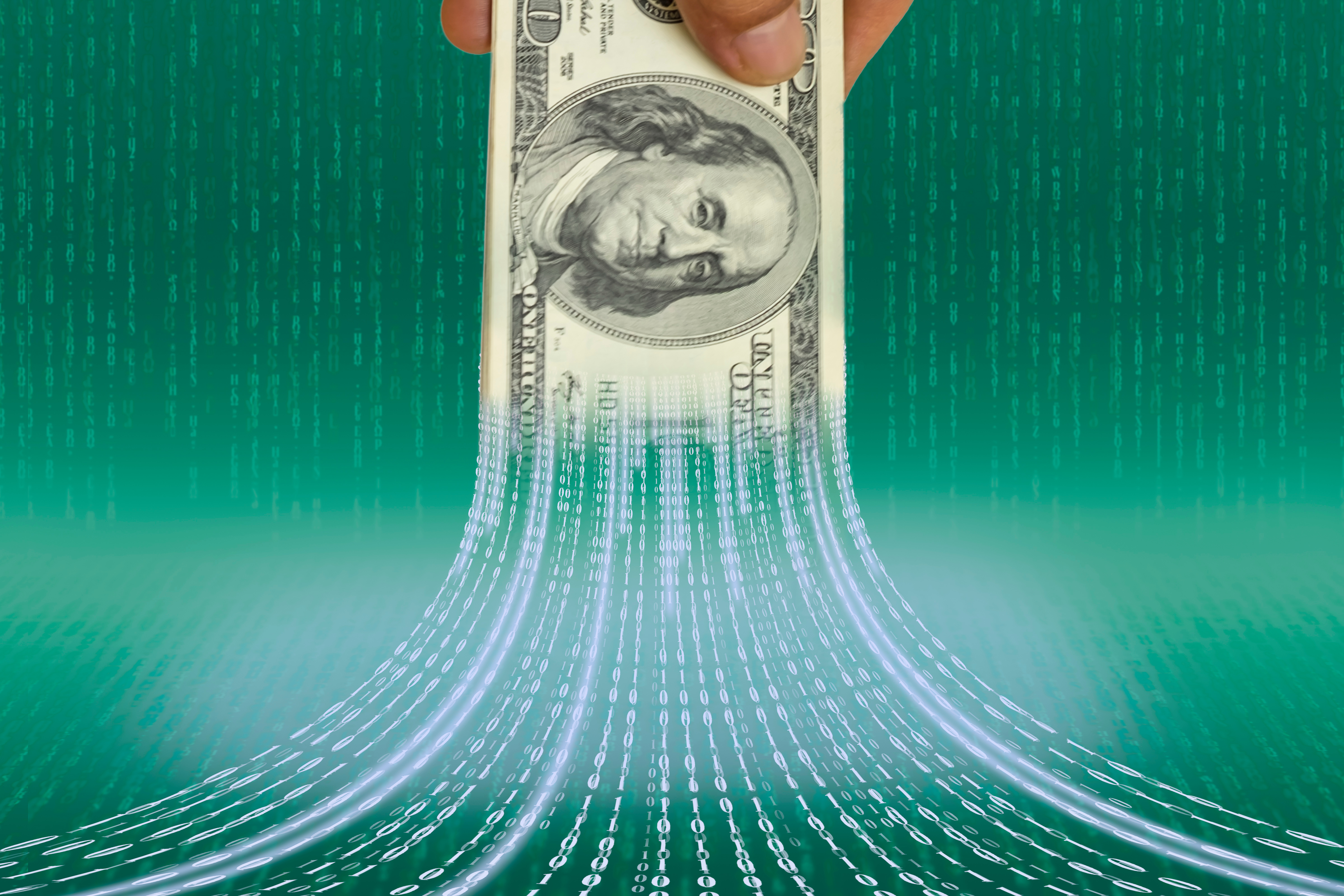FINTEC concept image. US bank note with binary code on abstract
