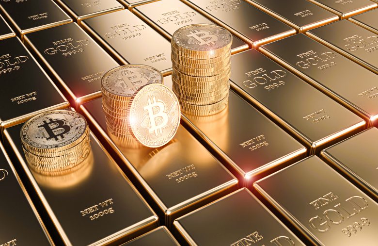 gold bitcoin coins on classic ingots, concept of cryptocurrency