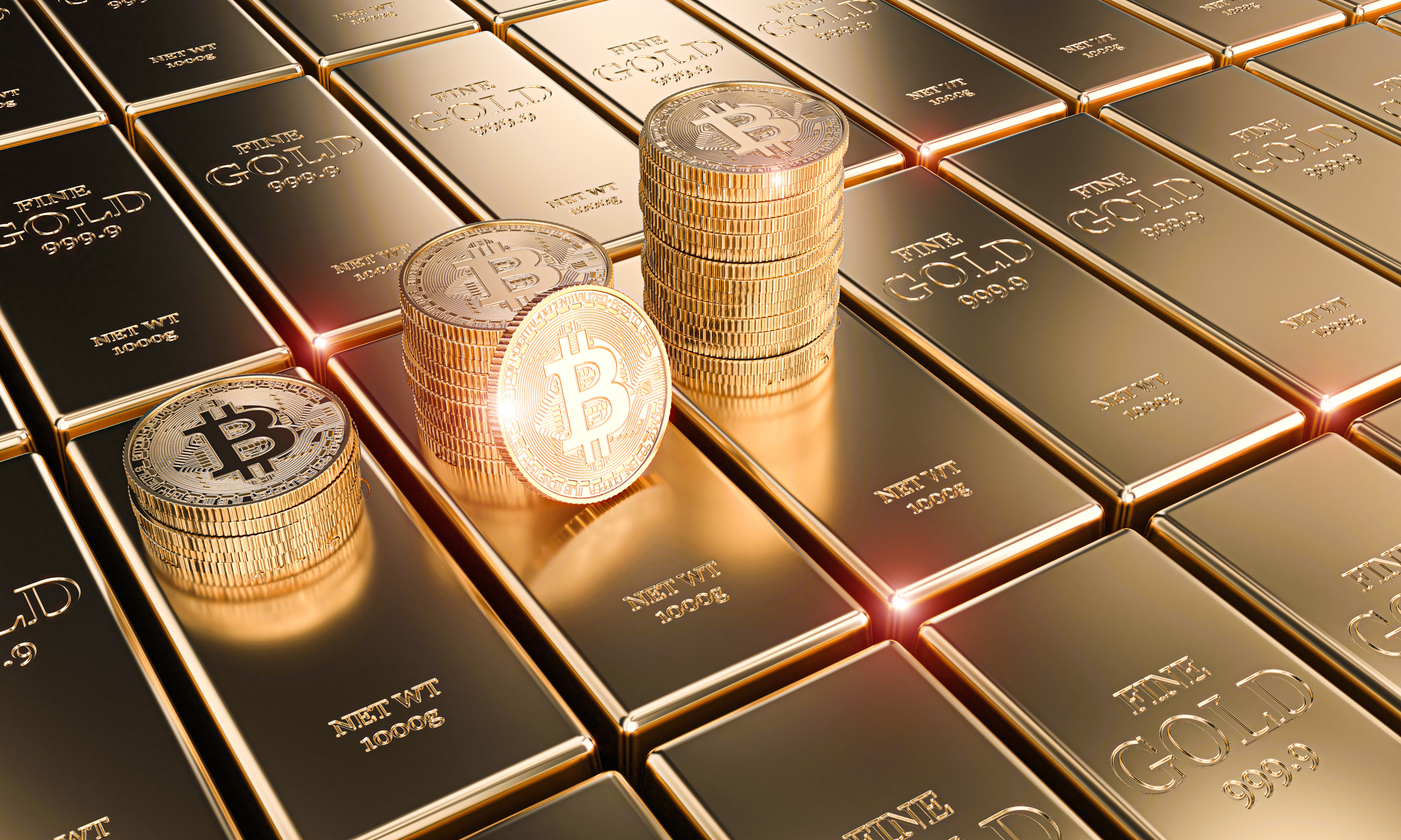 gold bitcoin coins on classic ingots, concept of cryptocurrency