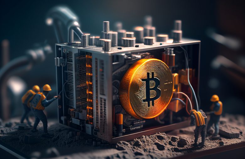 Miners mining a physical bitcoin cryptocurrency of a mine comput