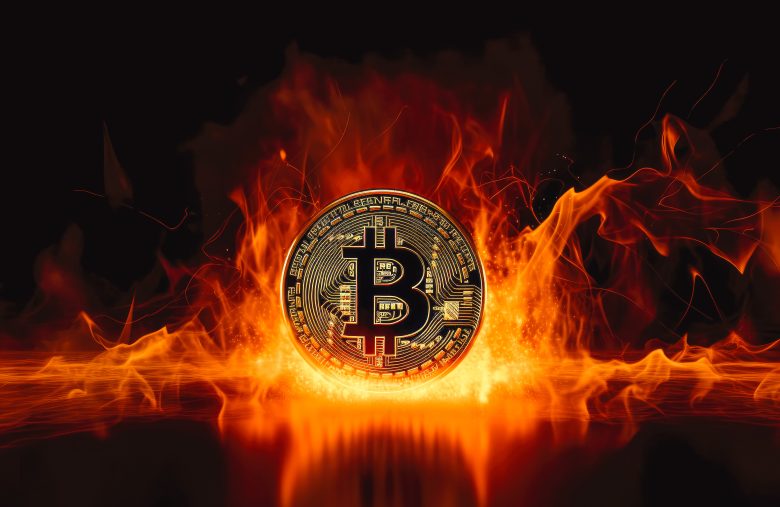 Golden bitcoin coin in fire with bull trading stock chart. Gener
