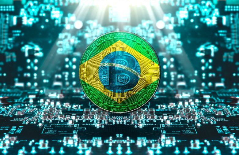 Brazil flag in Bitcoins standing on green circuit board, busines