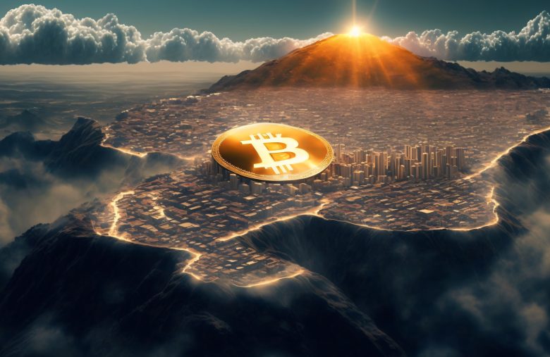 Bitcoin Stadt mit großen Vulkan - Generative AI
