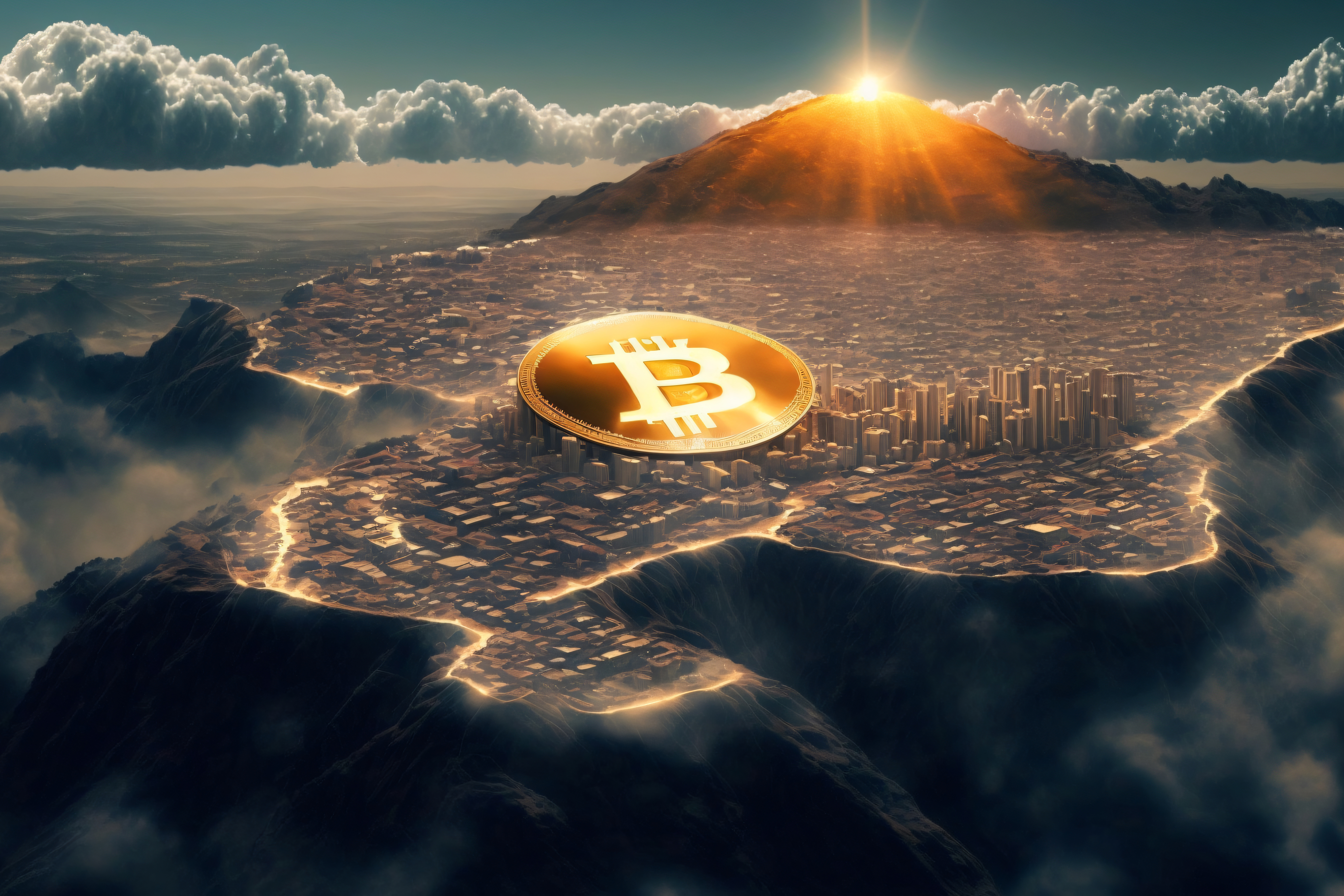Bitcoin Stadt mit großen Vulkan - Generative AI