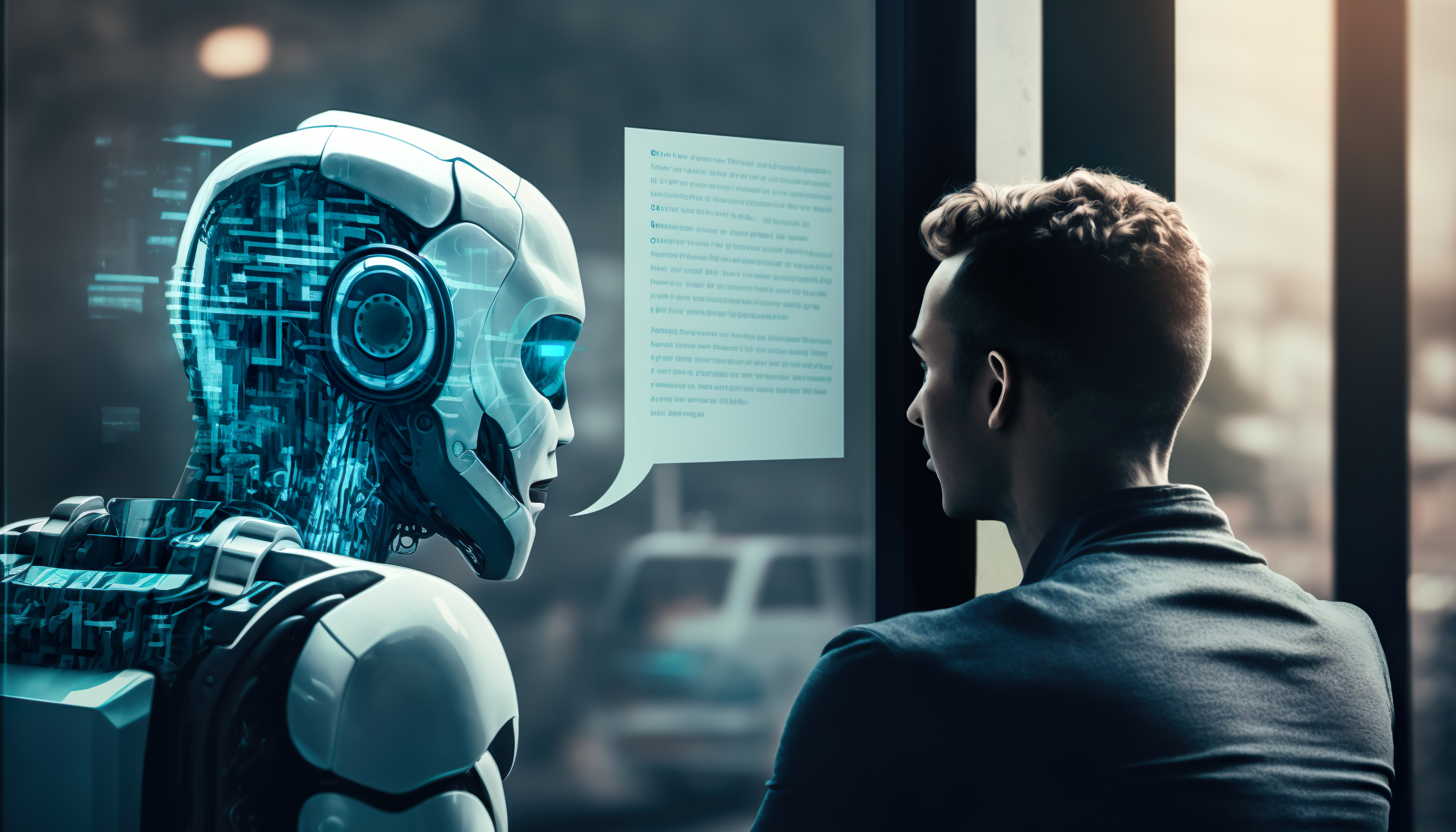 person talking with robotic ai.futuristic technology or machine