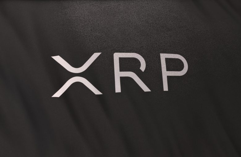 XRP Ripple Coin icon logo on gray flag banner background. Concep