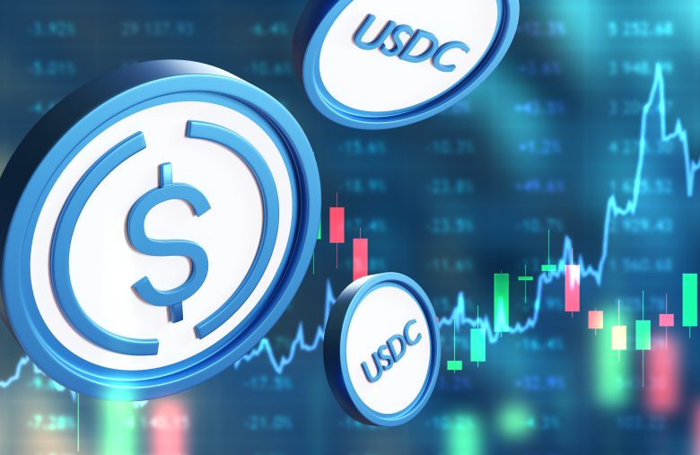 USDc coins. Electronic money. Digital dollar. USDc stablecoin. USD coin. Electronic dollar. USDc investment. Buying and selling digital money. Crypto trading. Investments in cryptocurrencies. 3d image